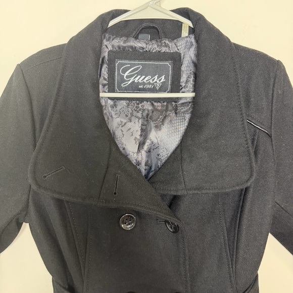 Guess Black Wool Blend Belted Peacoat Size L - Picture 2 of 12
